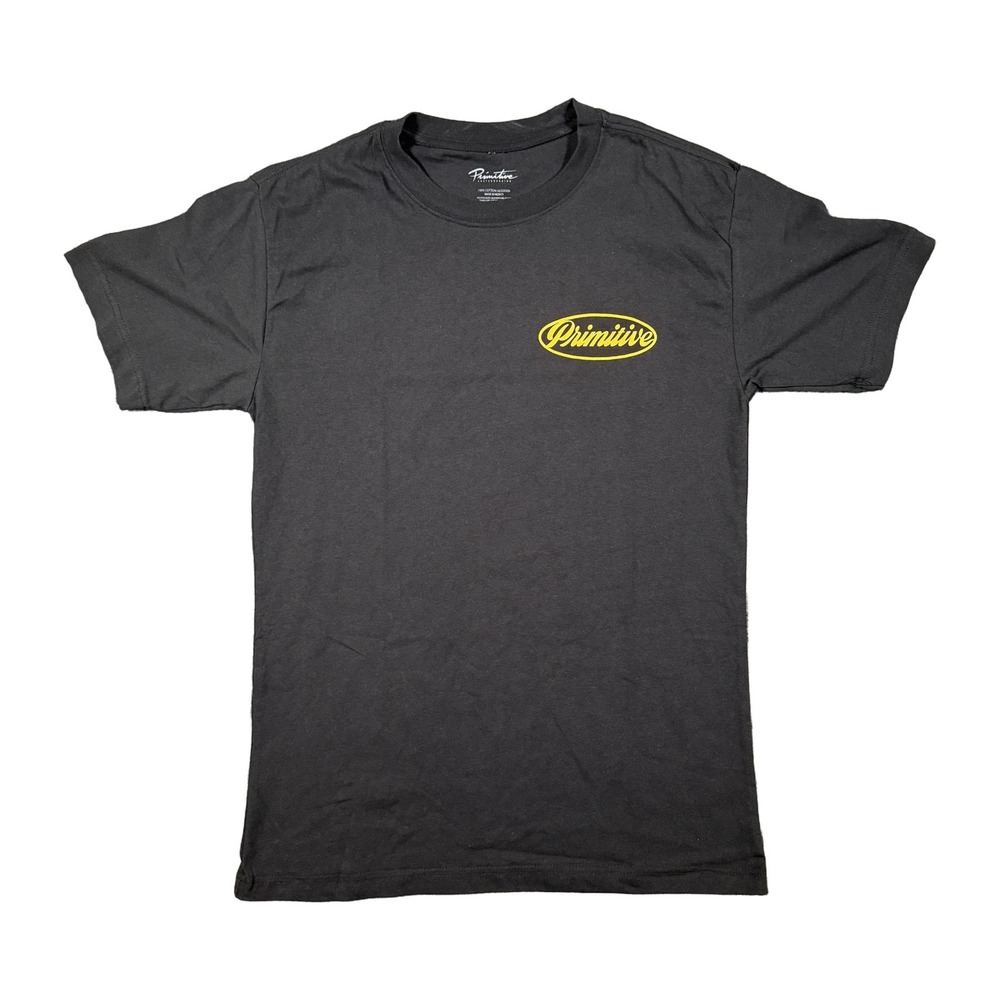 Primitive Skateboarding Mens M Black T-Shirt Yellow Oval Script Logo Graphic Tee